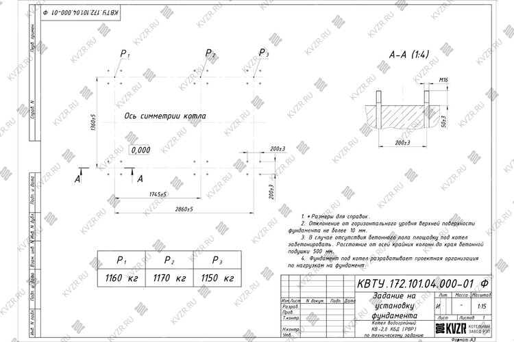 Котел на угле дровах 2.0 МВт с ОУР фундамент